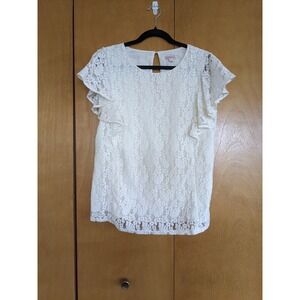 Merona Womens White Floral Lace Ruffle Flutter Sleeve Blouse Top Large L